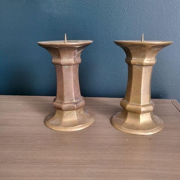 Set of 2 Vintage Brass Spiked Pillar Candle Holders 6 x 4 - Picture 1 of 9